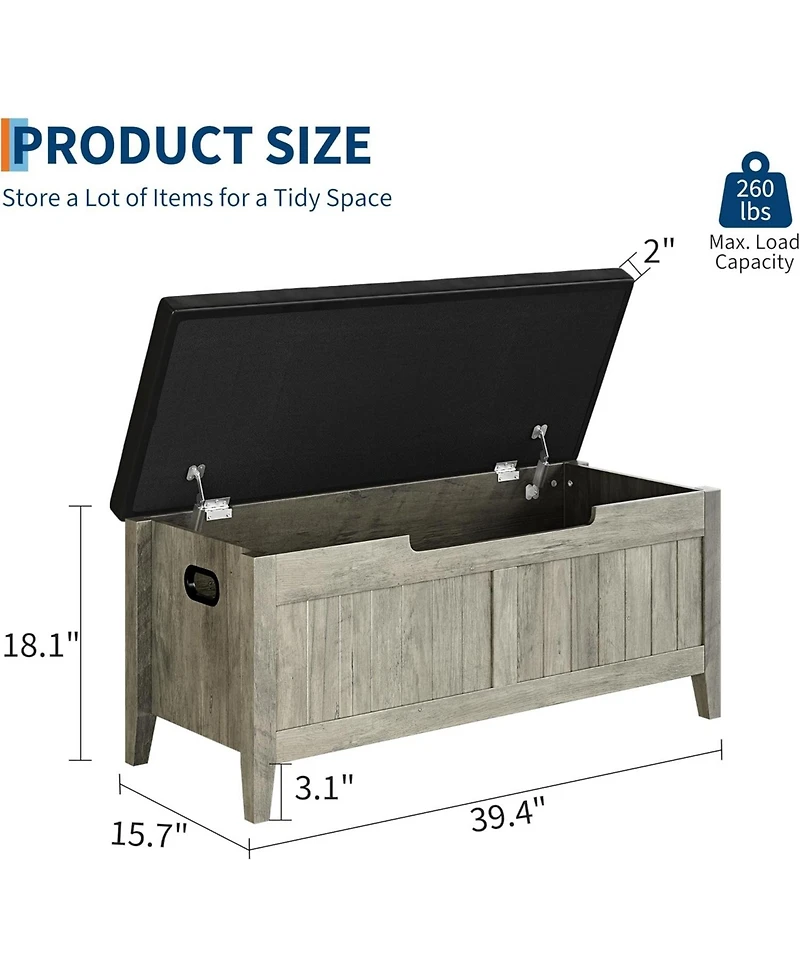 gaomon Storage Bench with Cushion, 39.4" Wooden Chest Storage Box with 2 Safety Hinges, Entryway Shoe Benches with Flip-Top