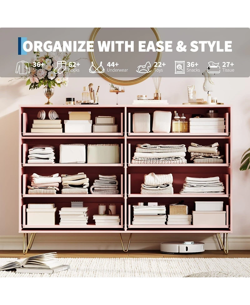 gaomon Fluted 8-Drawer Dresser for Bedroom, 55" Wide Modern Wooden Chest of Drawers, Pink