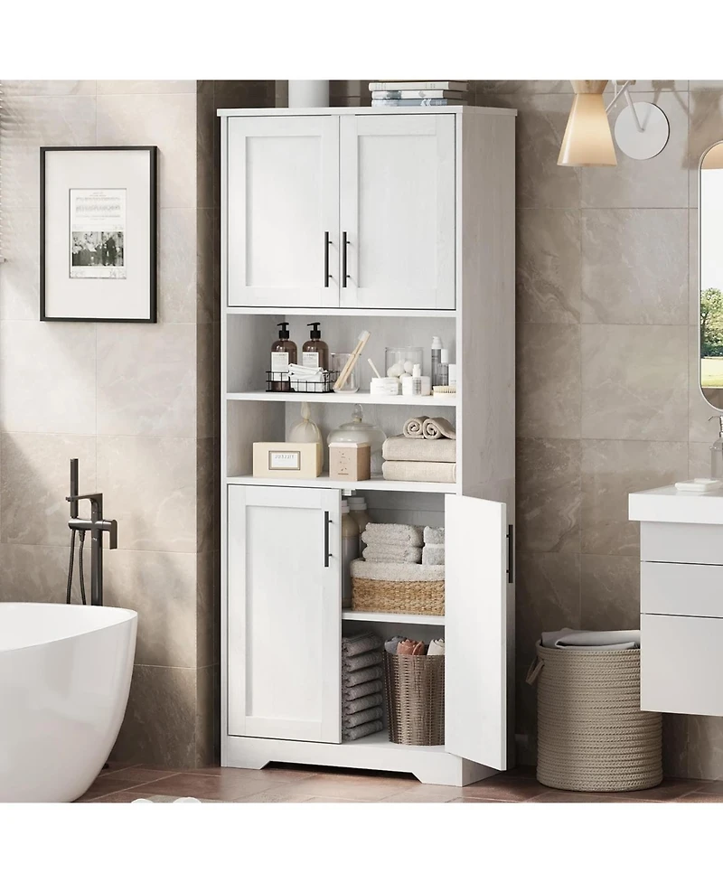 67" Tall Storage Cabinet, Freestanding Bathroom Pantry Cabinet with 4 Doors and Adjustable Shelves, Living Room, White