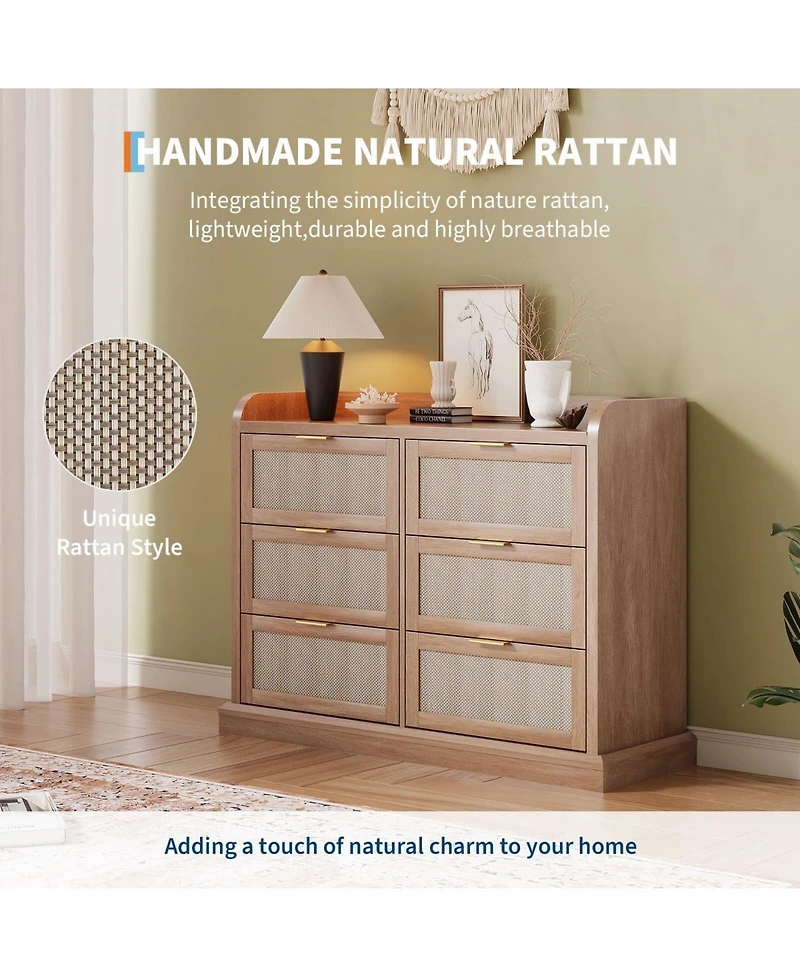 gaomon 6-Drawer Rattan Dresser for Bedroom, 47.2" Wide Wooden Chest with Ample Storage, Beige