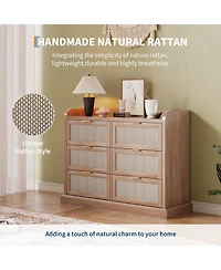 gaomon 6-Drawer Rattan Dresser for Bedroom, 47.2" Wide Wooden Chest with Ample Storage, Beige