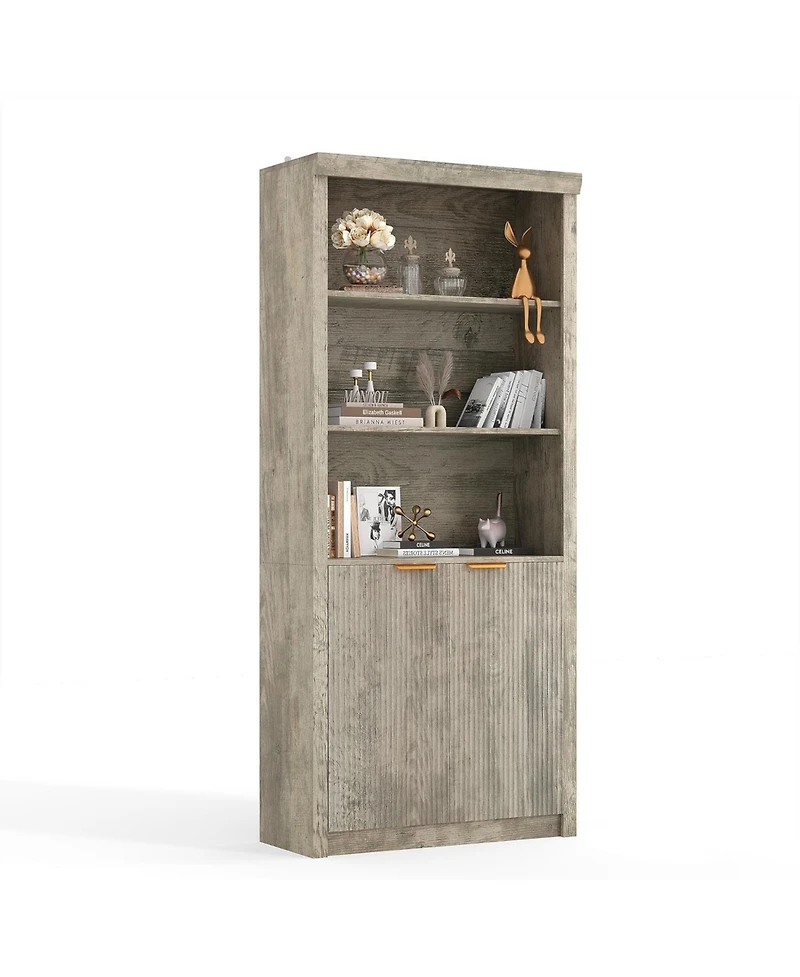 gaomon 5-Tier Bookcase with Storage Cabinet & Adjustable Shelf, Mid-Century Modern Bookshelf for Home Office, Grey