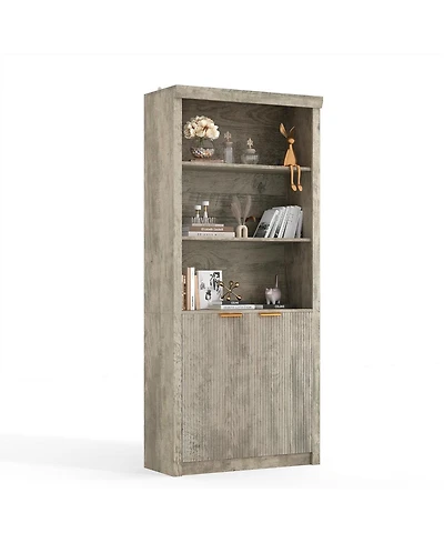 gaomon 5-Tier Bookcase with Storage Cabinet & Adjustable Shelf, Mid-Century Modern Bookshelf for Home Office, Grey