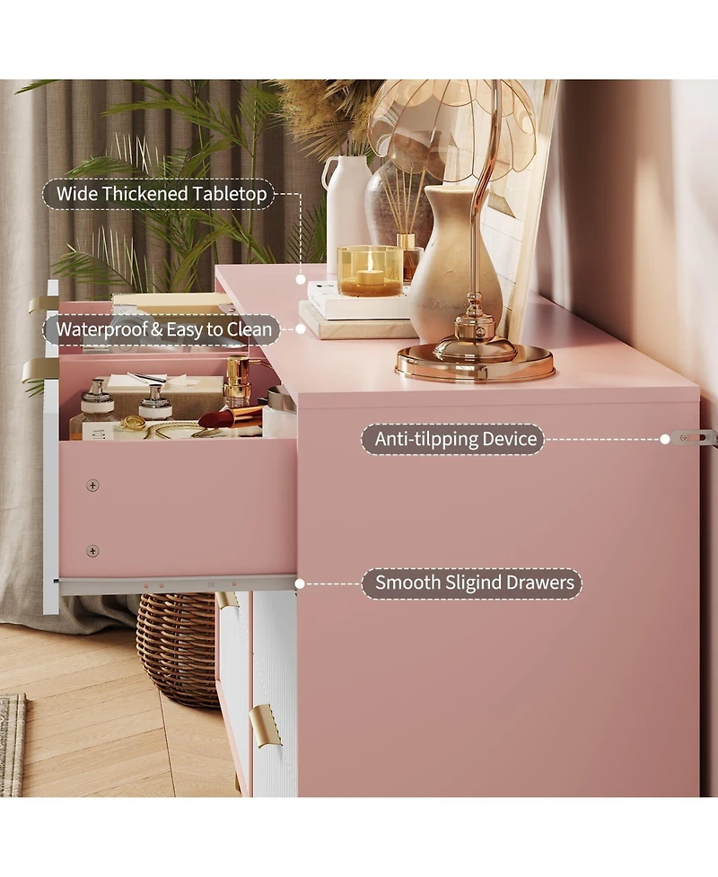 gaomon Fluted 6-Drawer Dresser for Bedroom, 47" Wide Modern Wooden Chest of Drawers, Pink
