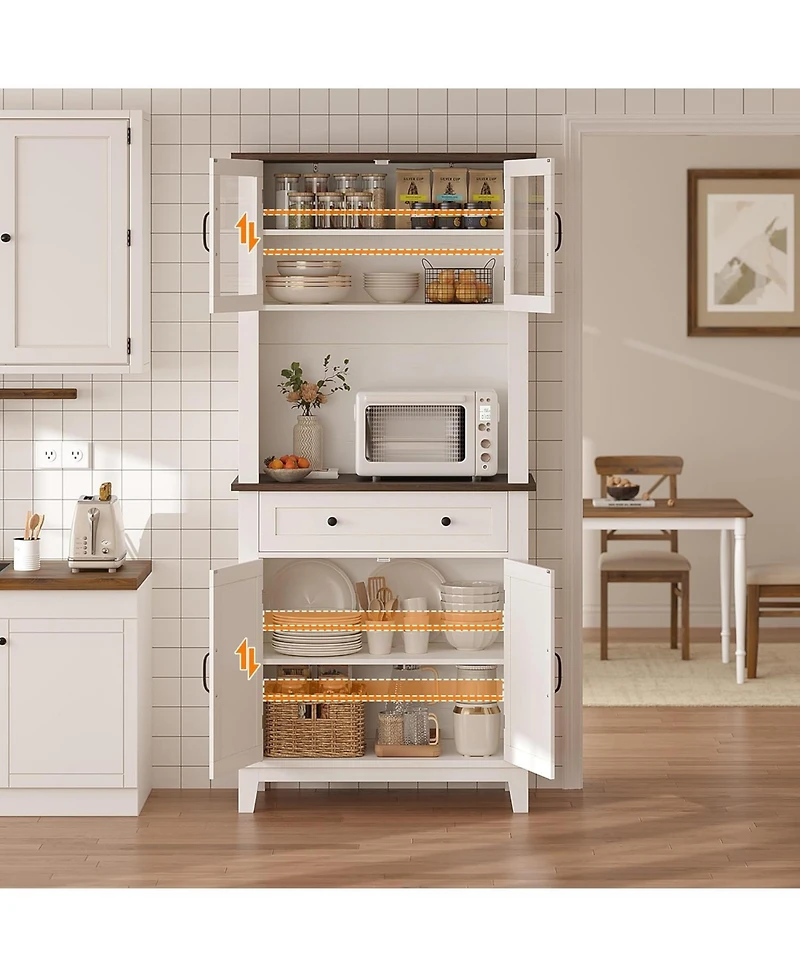 gaomon 72" Farmhouse Coffee Bar Cabinet, Buffet Sideboard with Storage Drawers and Glass Doors for Kitchen or Dining Room, White