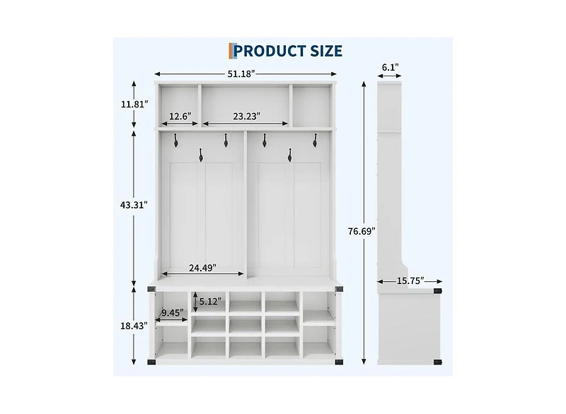 gaomon Hall Tree with Bench and Shoe Storage, Tall Farmhouse Entryway Coat Rack with Adjustable Shelf, White