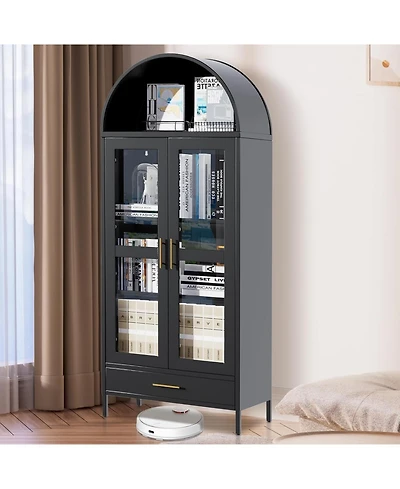 gaomon 73" Tall Metal Arched Cabinet, Modern Kitchen Pantry with Glass Door, Adjustable Shelves and Drawers, Black