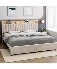 gaomon Upholstered Bed Frame with Storage Headboard and Charging Station, Platform Bed Frame with Drawers, Heavy Duty