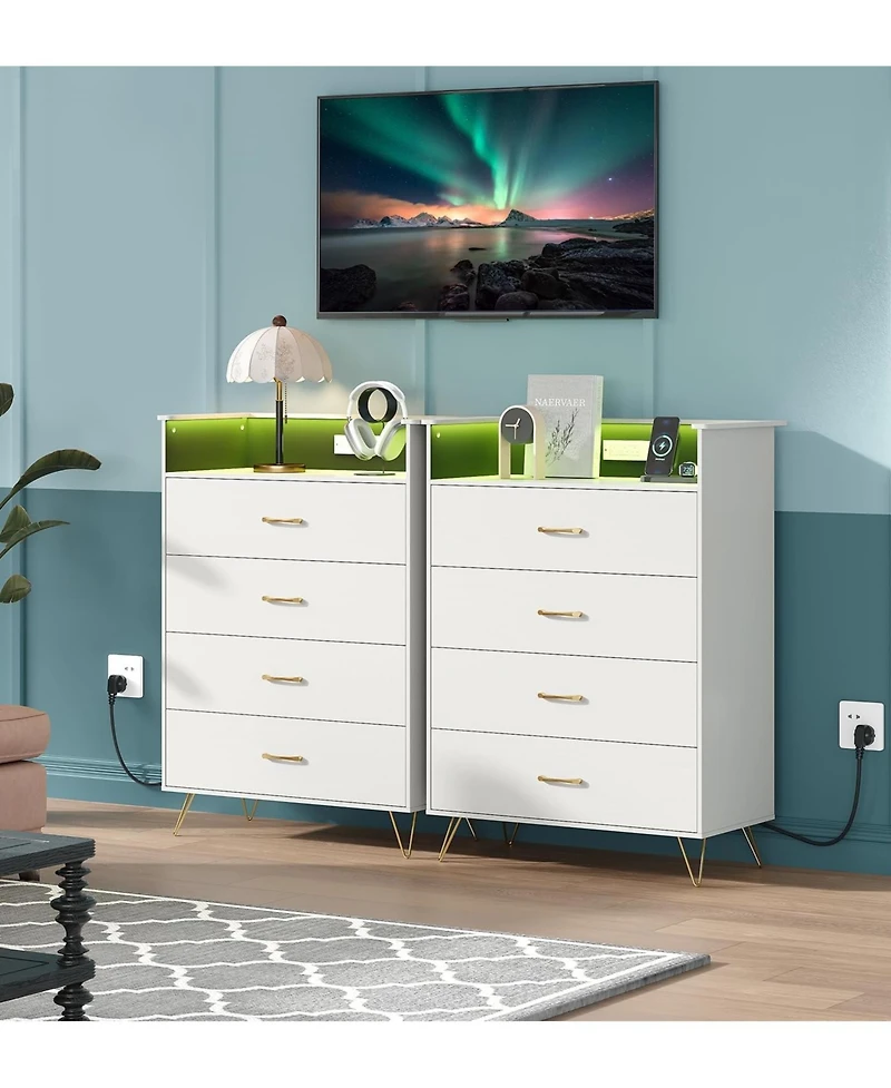 gaomon Tall 4-Drawer Dresser with Rgb Lights & Charging Station, App-Controlled Led Wooden Chest for Bedroom