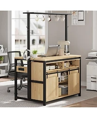 gaomon 42" Kitchen Island with Power Outlet, Rustic Coffee Bar with Sliding Barn Door and Storage