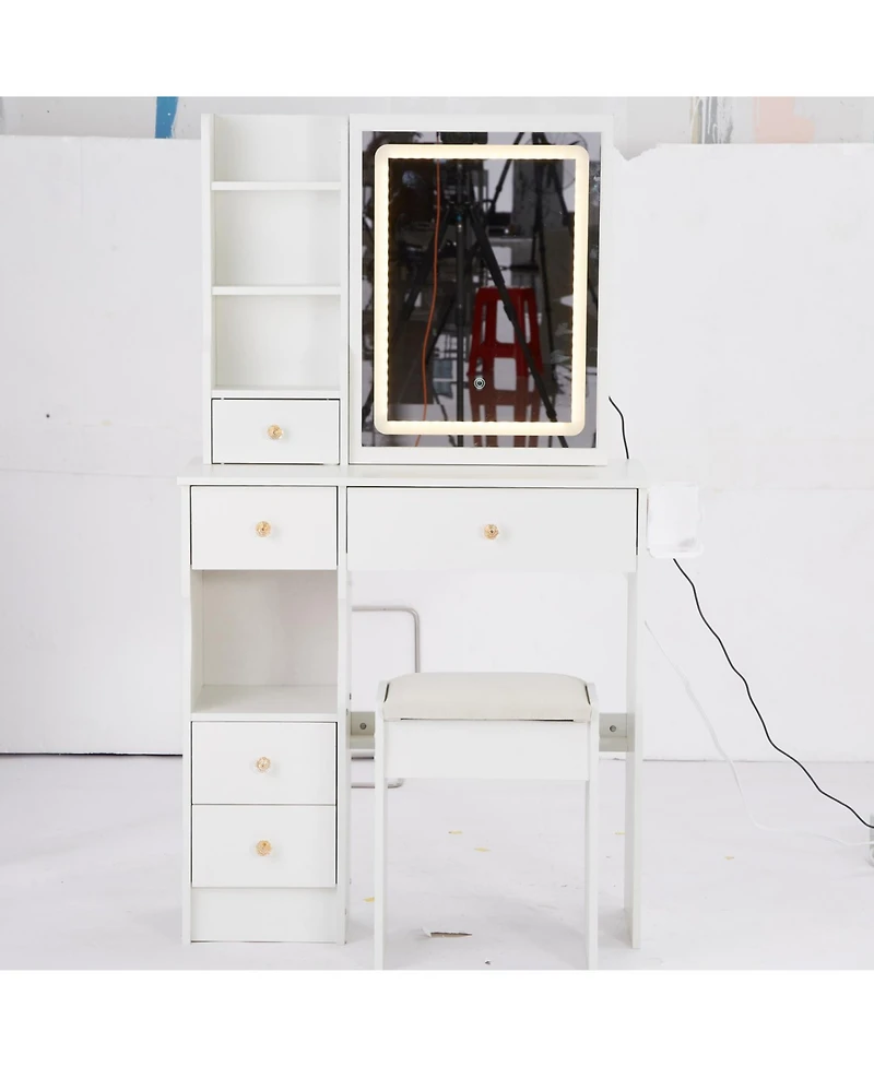 Streamdale Furniture 2-Piece Wood Vanity Table Set with Drawer, Cushioned Stool, Led Mirror, Power Outlets, Hairdryer Holder