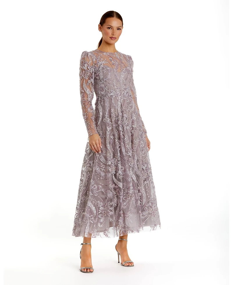 Mac Duggal Women's Floral Embroidered High Neck Long Sleeve Dress