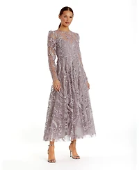 Mac Duggal Women's Floral Embroidered High Neck Long Sleeve Dress