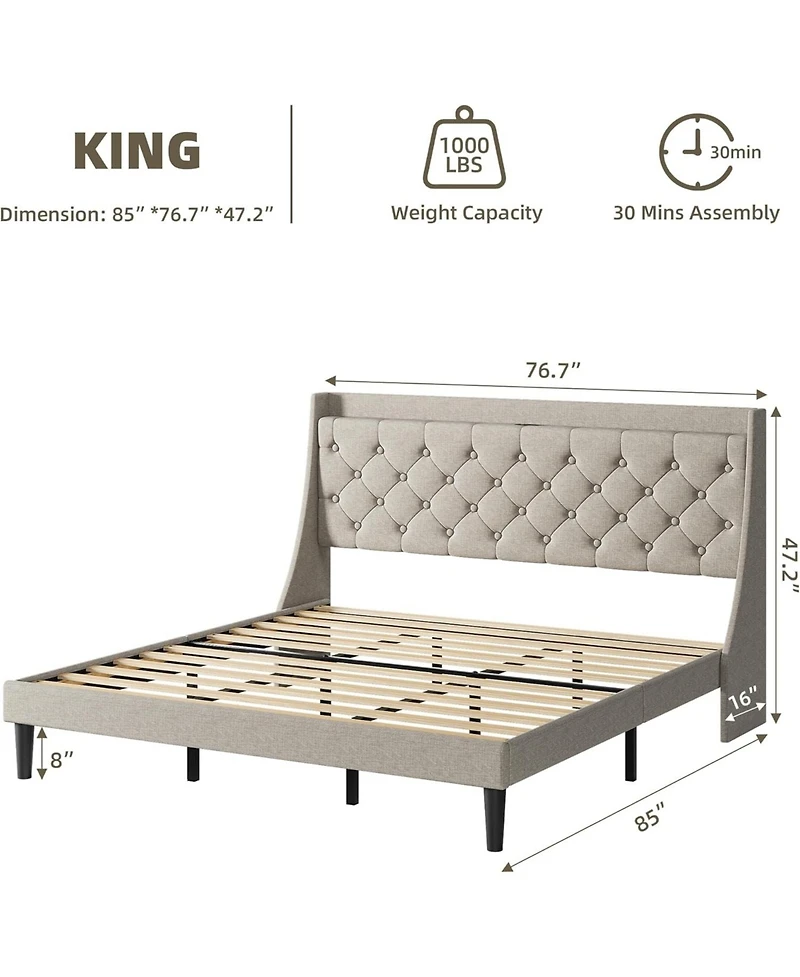 gaomon King Linen Upholstered Platform Bed Frame with Wingback Headboard Built-in Storage Shelf Power Outlets Usb Ports Wood Slats Underbed Space