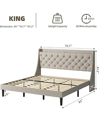 gaomon King Linen Upholstered Platform Bed Frame with Wingback Headboard Built-in Storage Shelf Power Outlets Usb Ports Wood Slats Underbed Space