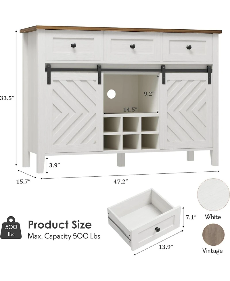 gaomon 47.2" Farmhouse Buffet Cabinet with Sliding Barn Door, 3 Drawers, Wine Rack & Adjustable Shelf