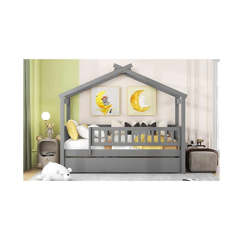 Simplie Fun Twin Wooden House Bed With Trundle, Walnut