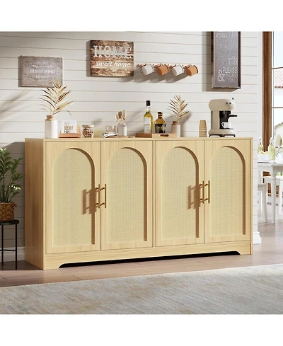 gaomon 59" Sideboard Buffet Cabinet with 4 Rattan Doors, Modern Credenza Coffee Bar for Living Room, Beige
