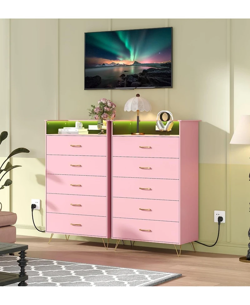 gaomon Tall 5-Drawer Dresser with Rgb Lights & Charging Station, App-Controlled Led Wooden Chest for Bedroom, Pink