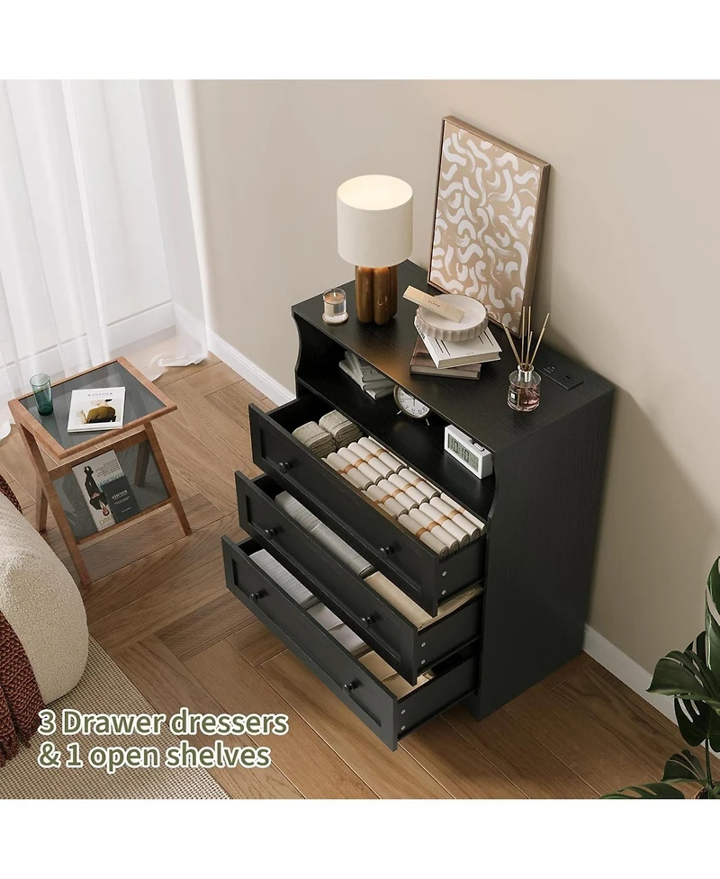 gaomon 3-Drawer Wooden Dresser with Led Lights & Charging Station