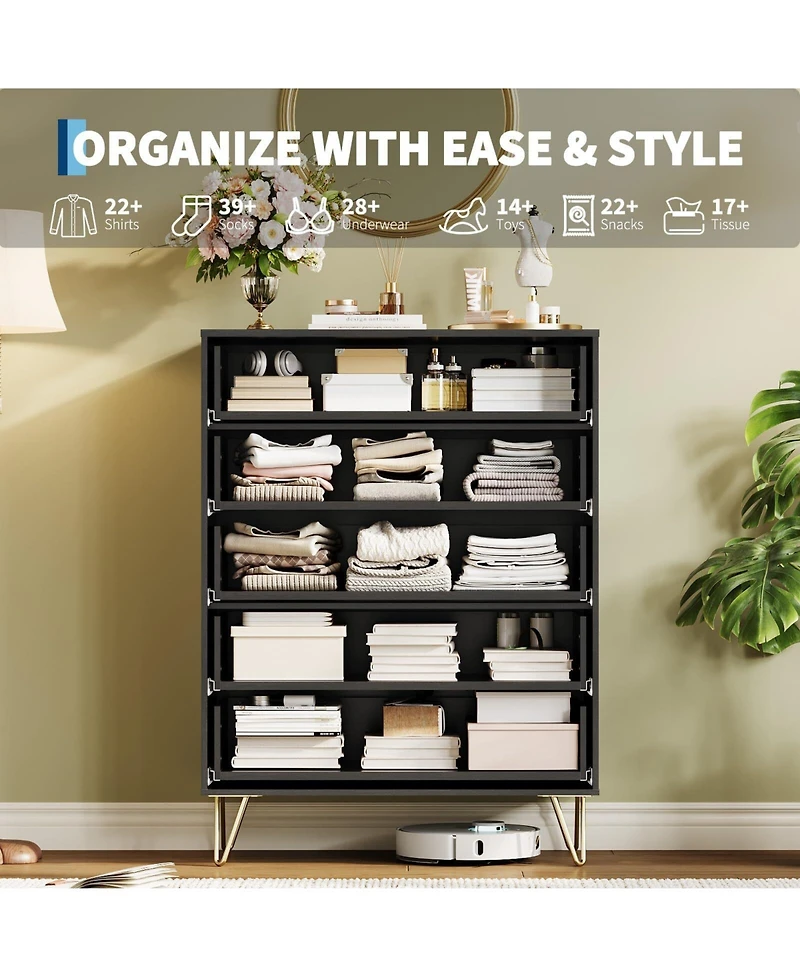 gaomon Fluted 5-Drawer Dresser for Bedroom, 32" Wide Modern Wooden Chest of Drawers