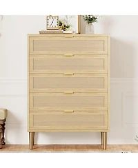 gaomon Rattan 5-Drawer Tall Dresser, 44" Narrow Farmhouse Wood Chest with Metal Legs