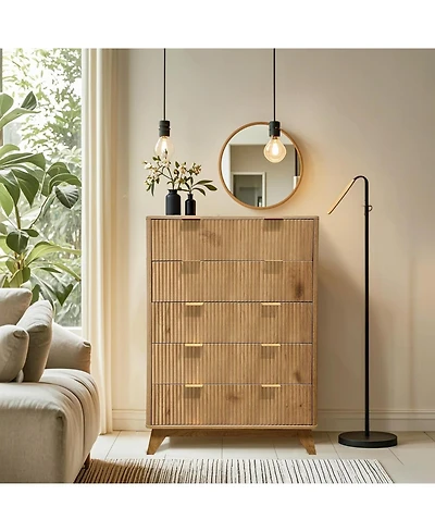gaomon 48" Tall 5-Drawer Fluted Dresser, Mid-Century Storage Chest for Bedroom and Entryway, Beige
