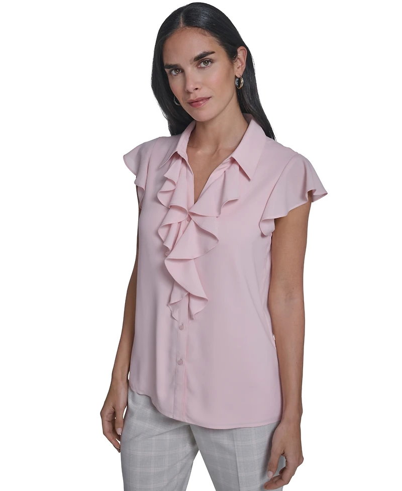 Calvin Klein Women's Solid Cap-Sleeve Ruffle Front Top