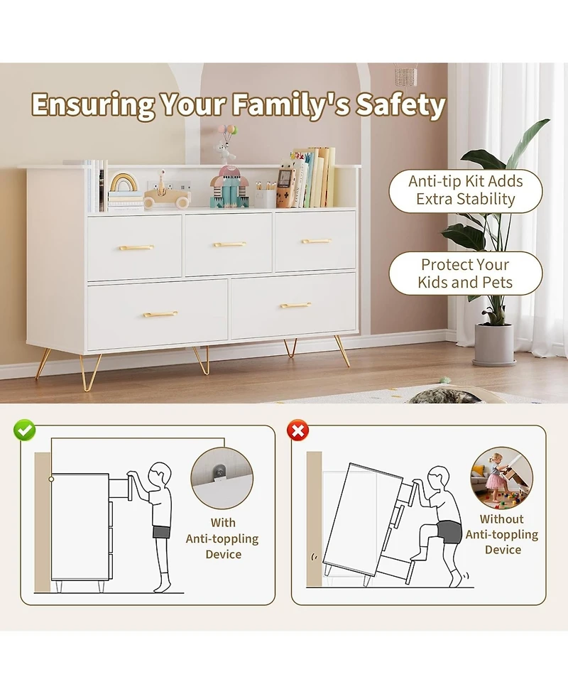 gaomon 5-Drawer Dresser for Bedroom with Led Lights & Charging Station, 47" Wide Wooden Storage Chest