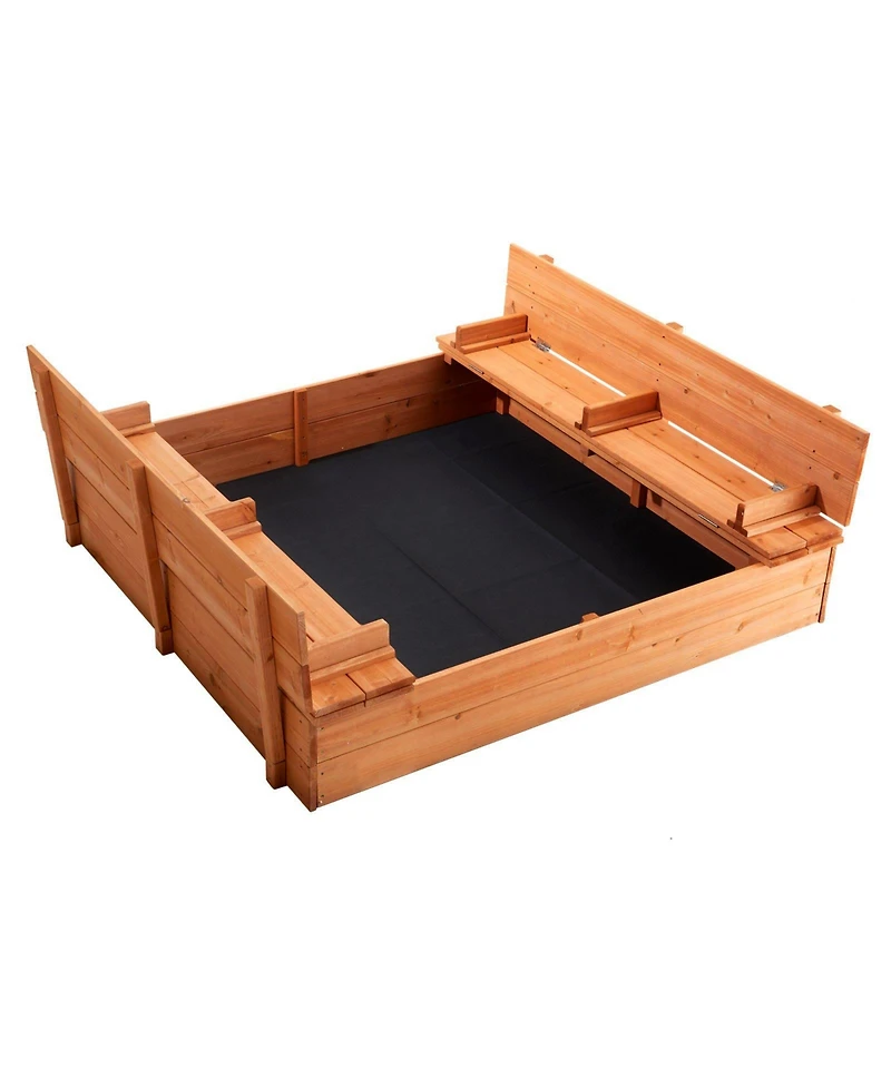 Slickblue Wooden Sandbox, 52.4 x 47.2 x 16.9 in Sand Box, Sand Pit with Foldable Bench Seats and Bottom Liner