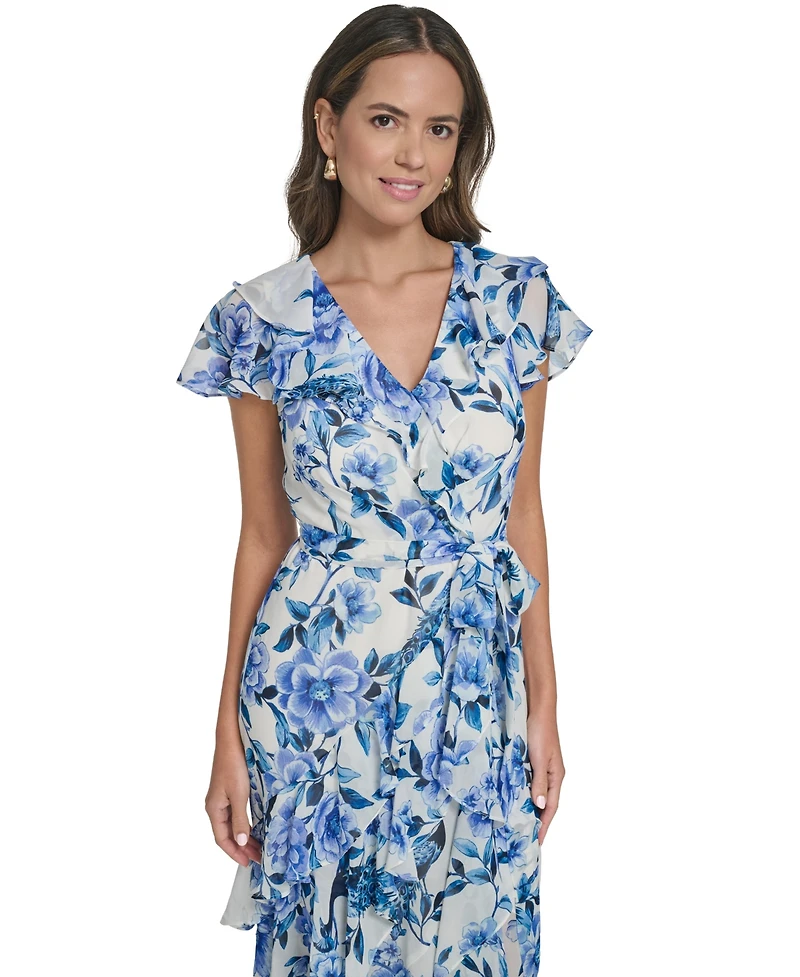 Eliza J Women's Asymmetrical Ruffle V-Neck Maxi Dress