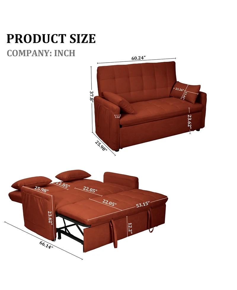 Streamdale Furniture 61" Fabric Sofa Bed with Storage Pockets & Adjustable Back