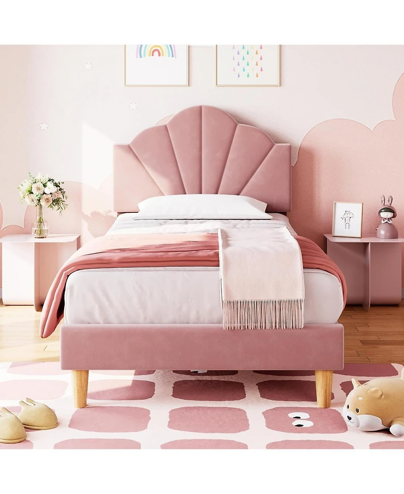 gaomon Twin Bed Frame with Shell Headboard, Velvet Upholstered Bed Frame with Adjustable Headboard, Girl Platform Strong Wood Slat Support