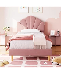 gaomon Twin Bed Frame with Shell Headboard, Velvet Upholstered Bed Frame with Adjustable Headboard, Girl Platform Strong Wood Slat Support