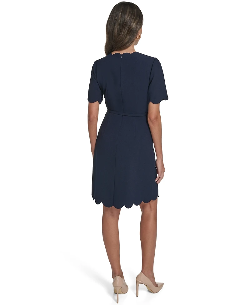 Eliza J Petite Scalloped Hem Bow Belt V-Neck Short Dress