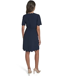 Eliza J Petite Scalloped Hem Bow Belt V-Neck Short Dress