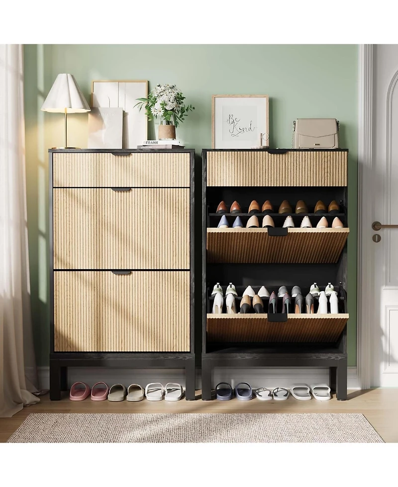 Shoe Storage Cabinet with 2 Flip Drawers,Entrance Wooden Shoe Rack with Iron Legs,Farmhouse Fluted Shoe Organizer for Entryway,Hallway,Foyer,Black+Oak