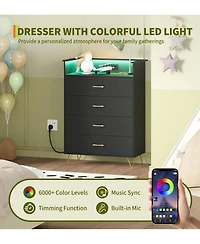 gaomon Tall -Drawer Dresser with Rgb Lights & Charging Station, App-Controlled Led Wooden Chest for Bedroom