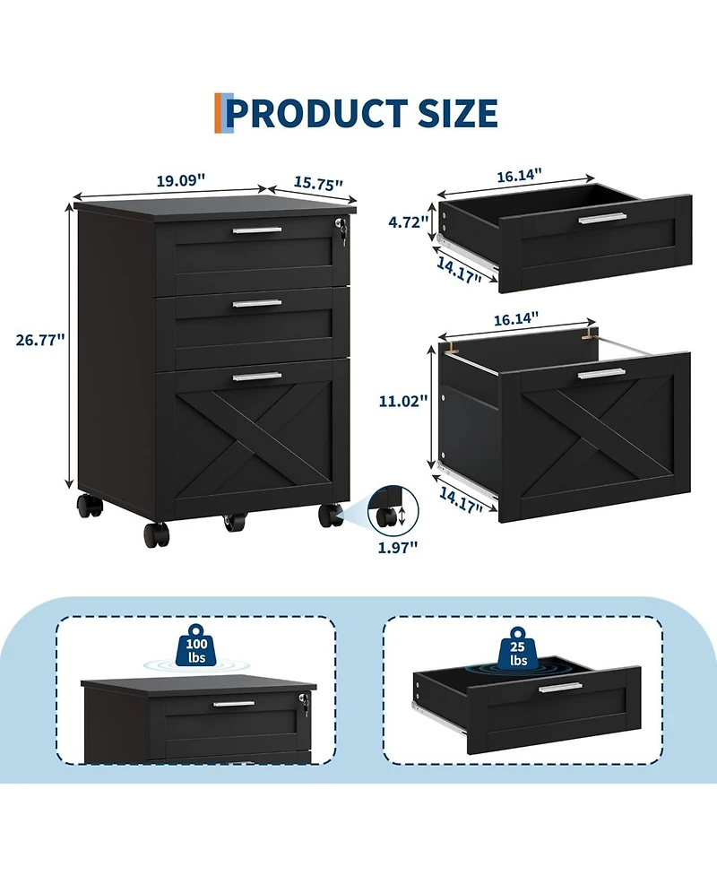 gaomon 3-Drawer Rolling File Cabinet with Lock, Wooden Mobile Filing Cabinet for Home Office & Under Desk Storage