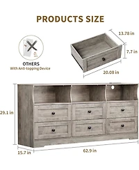 gaomon 6-Drawer Slim Dresser for Bedroom, Wooden Chest with Power Outlets, Led Light & Open Shelf, Grey