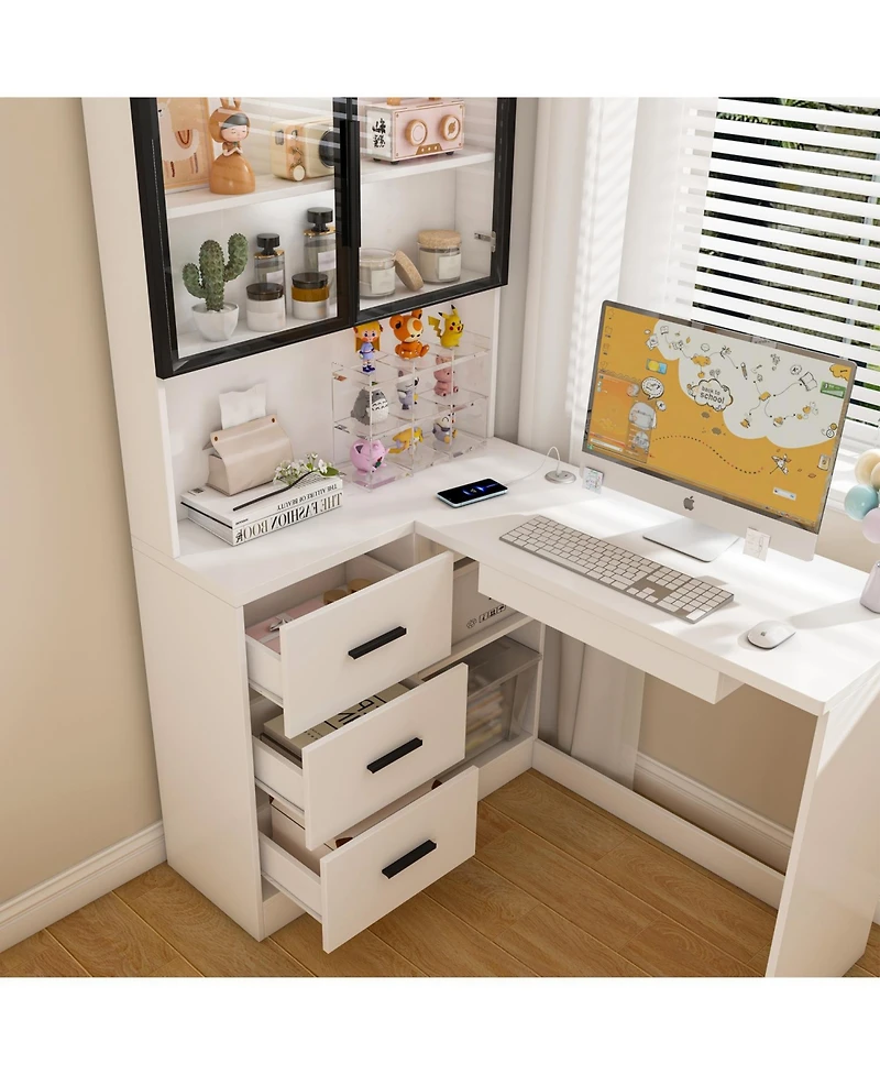 Streamdale L-Shaped Corner Desk with Led, Usb, Keyboard Tray - White