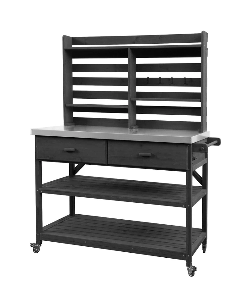 Streamdale Outdoor Potting Bench with Wheels, Hutch, Stainless Steel Top, Black