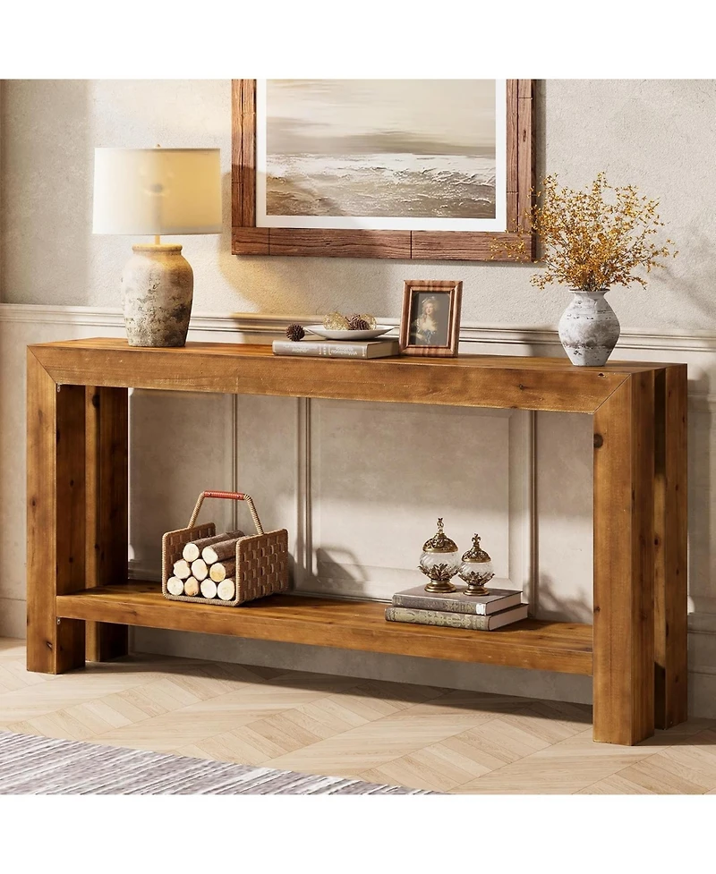 Tribesigns 63-Inch Solid Wood Entryway Console Table, Farmhouse Narrow Couch Table Behind Sofa with 2-Tier Storage for Hallway, Living Room, Foyer