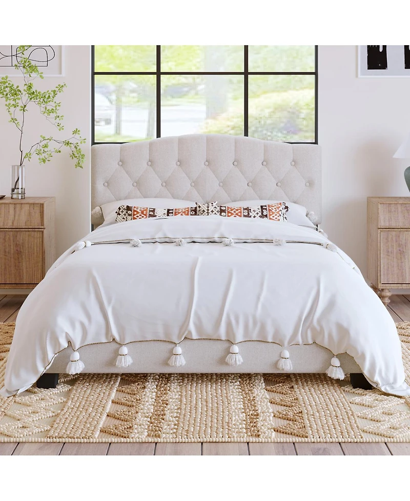 Streamdale Furniture “Queen Upholstered Platform Bed with Curved Tufted Headboard, Beige”