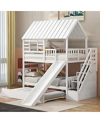 Streamdale Furniture Twin over Twin Bunk Bed with Trundle, Slide, Stairs, Roof, Window, White