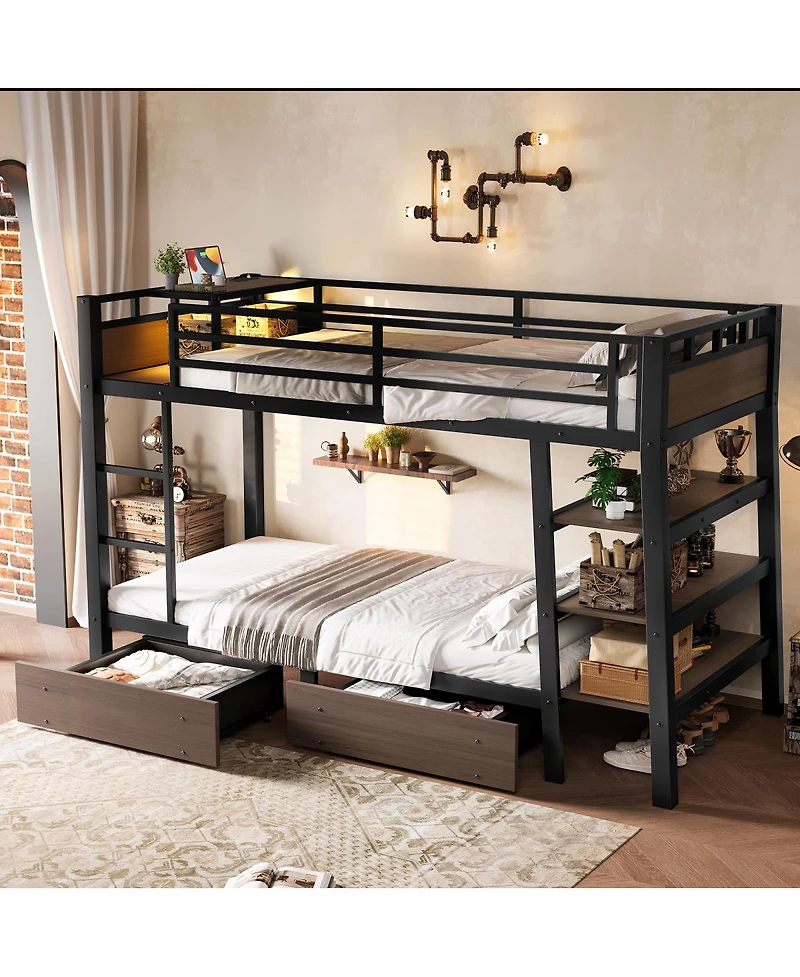 Streamdale Furniture Twin Size Metal Bunk Bed with Storage, Led, and Usb