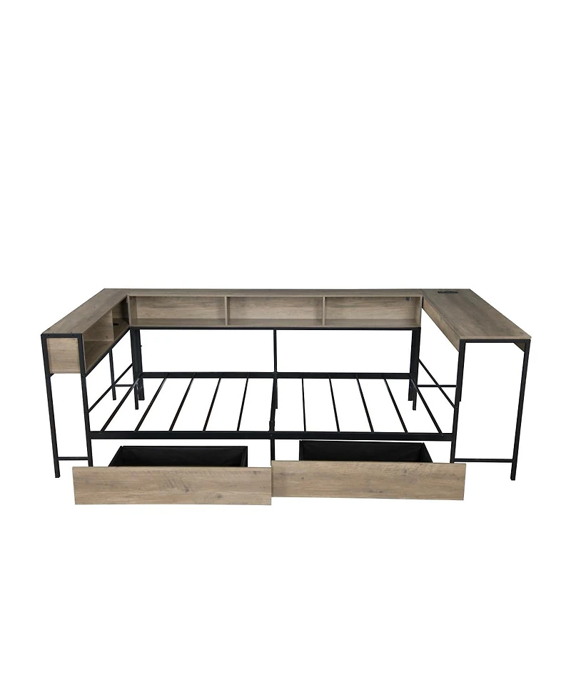 Streamdale Furniture Corner Bed Frame Full Size w/ Bookcase, 2 Drawers, Led & Charging Station