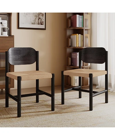 Streamdale Wooden Dining Chairs with Beige Paper Rope Seat, Set of 2
