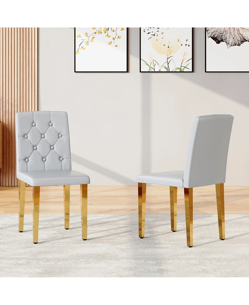 Streamdale Light Gray Pu dining chairs, 2-pc set, ergonomic buckle back, gold legs.