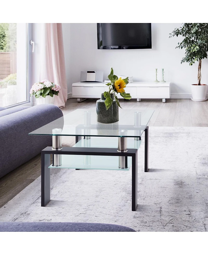 Streamdale Rectangle Glass Coffee Table, Clear, Modern Side Center Table